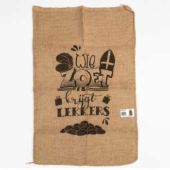 VELIKA JUTASTA VREČA SINTERKLAAS - Z NALPISOM: WIE ZOET IS KRIJGT LEKKERS - Pribl. 60 x 100 cm (1 kos)