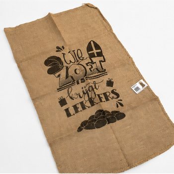 VELIKA JUTASTA VREČA SINTERKLAAS - Z NALPISOM: WIE ZOET IS KRIJGT LEKKERS - Pribl. 60 x 100 cm (1 kos)