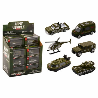 Kovinska vojaška vozila Die Cast, merilo 1:64 v prikazovalniku (24 kosov)