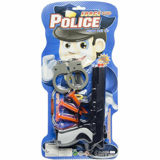 POLICIJSKI SET NA KARTONU - PIŠTOLA S 3 PRISESKI IN LISICAMI (6 kosov)