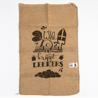 VELIKA JUTASTA VREČA SINTERKLAAS - Z NALPISOM: WIE ZOET IS KRIJGT LEKKERS - Pribl. 60 x 100 cm (1 kos)